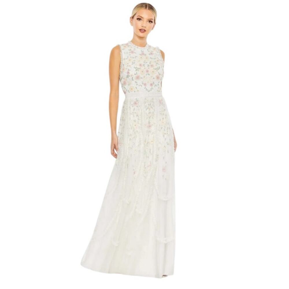 Mac Duggal Size 14 NEW 9137 Ivory Embroidered High Neck Sleeveless Ruffled Gown
